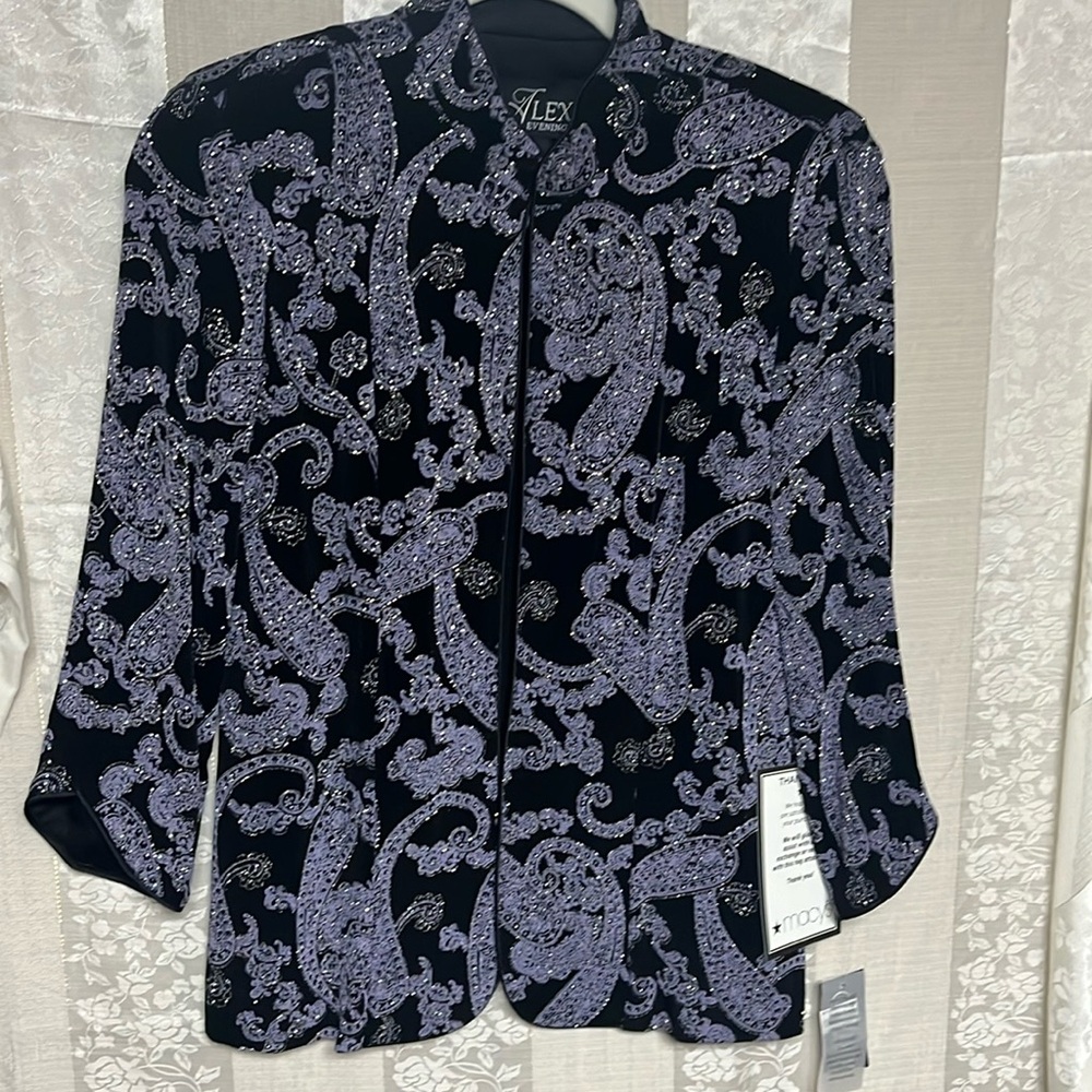 Alex Evenings 2 Piece Set Black tank and Jacket Black Purple Paisley sparkly NWT